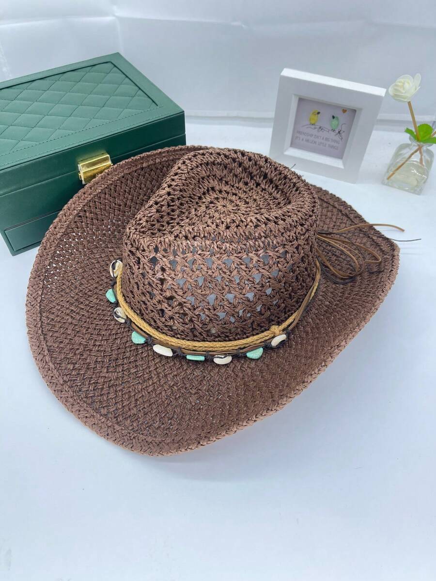 Cowboy Hat Straw - Vintage Hollow Wide Brim Straw Hat